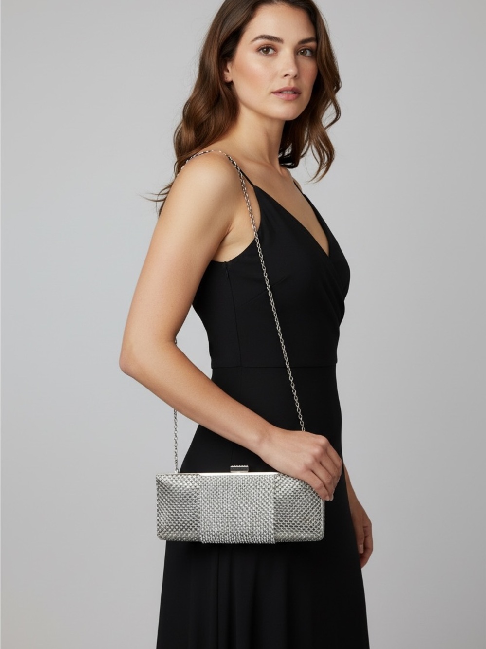 Gunne Sax Silver Crystal Mesh Evening Clutch with Chain